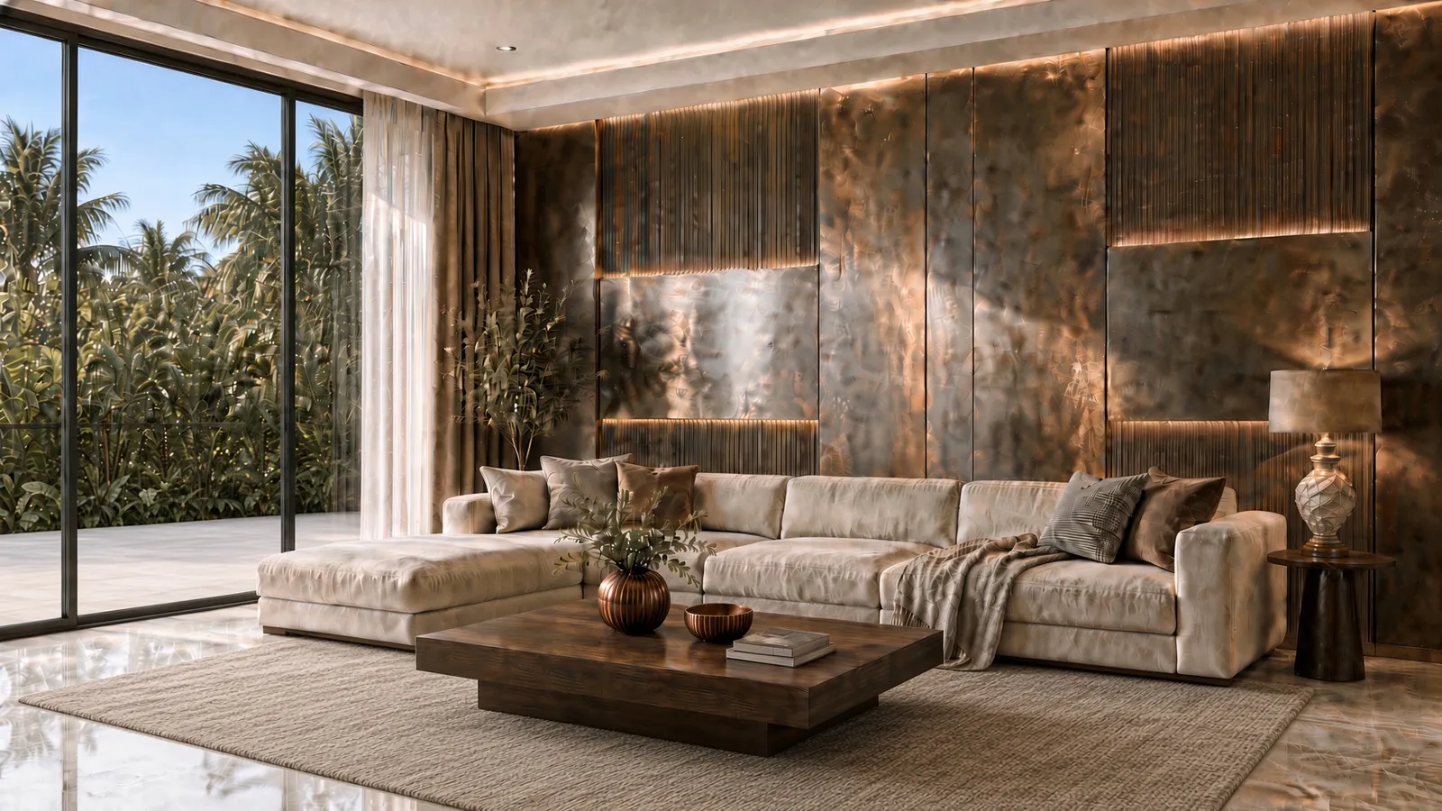 Design inspiration rendering of a living room with a backlit fluted feature wall behind a long sofa and tall windows looking out to tropical greenery